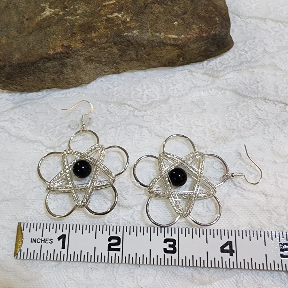 Silver Toned Wire Wrapped Black Beaded Pierced Earrings